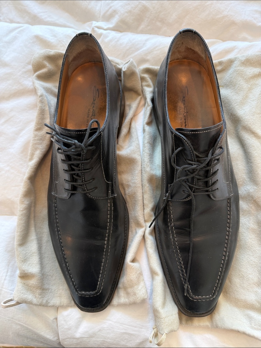 Santoni Black Lace-Up Derby Shoes with Moc-Toe Stitching